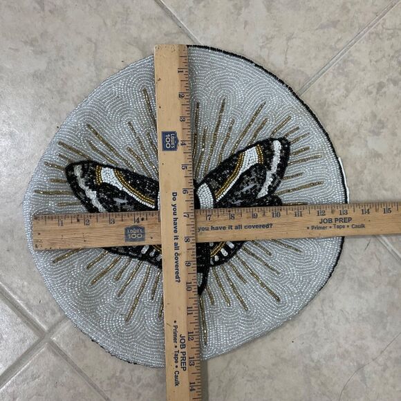 Moth Decorative Round Beaded Pillow cover only Butterfly Blk/wht/gd. Accent 13" - Picture 7 of 8